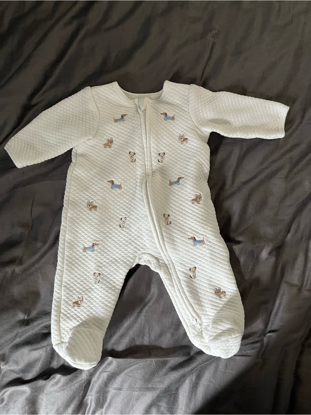Little Me White Quilted Footed One-Piece with Puppy and Blue Accents